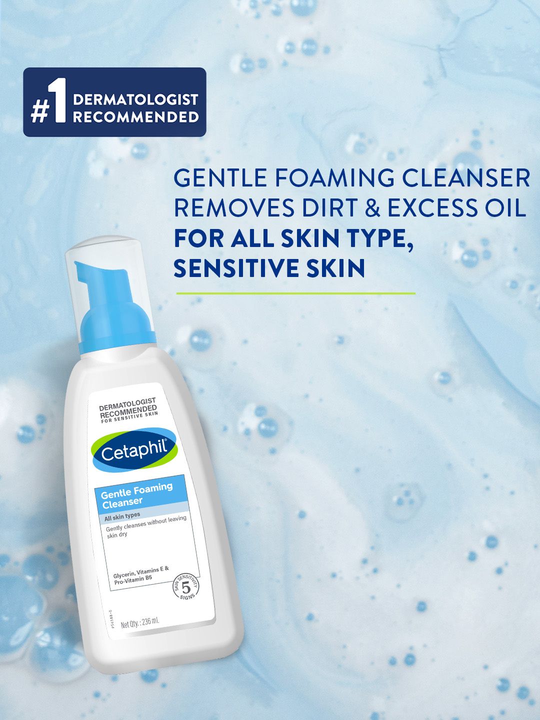 Cetaphil Gentle Foaming Face Wash Cleanser for All Skin Types with Vitamin E & B5 - 136 ml