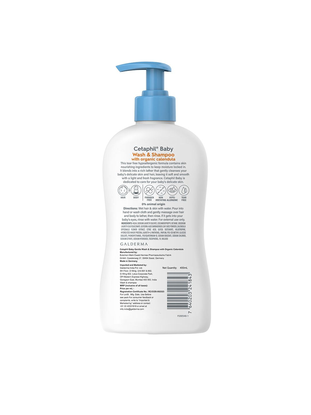 Cetaphil Baby Wash & Shampoo with Organic Calendula & Tear Free Formula - 400ml